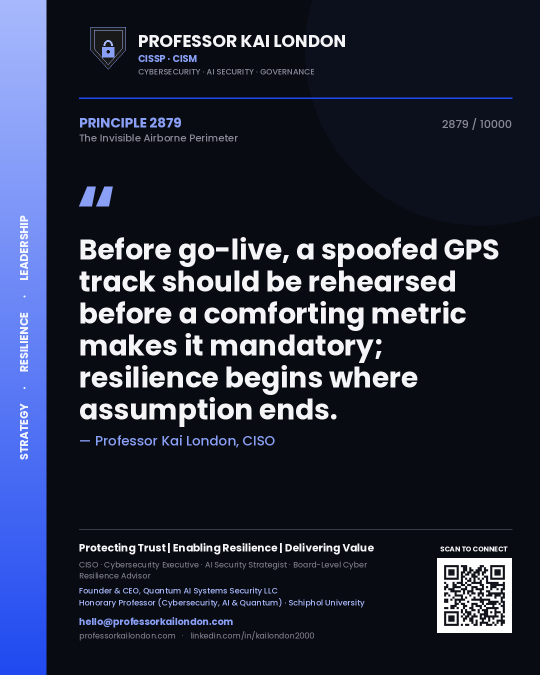 Quote card by Professor Kai London reading 'Before go-live, a spoofed GPS track should be rehearsed before a comforting metric makes it mandatory; resilience begins where assumption ends.'. From the book The Invisible Airborne Perimeter.