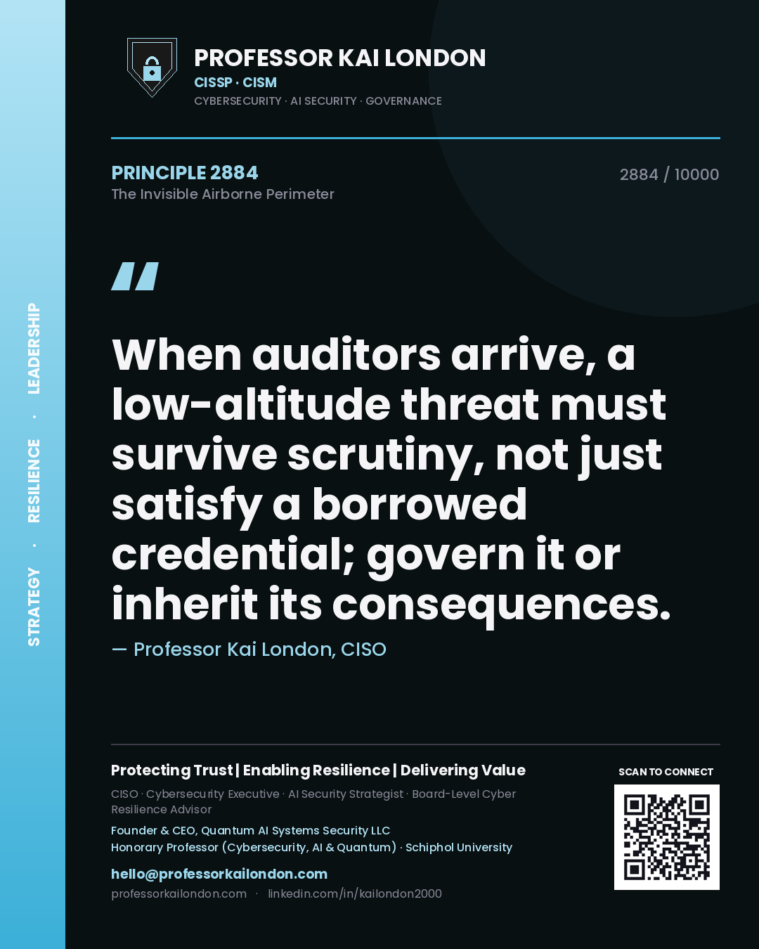 Professor Kai London principle 2884: When auditors arrive, a low-altitude threat must survive scrutiny, not just satisfy a borrowed credential; govern it or inherit its consequences.
