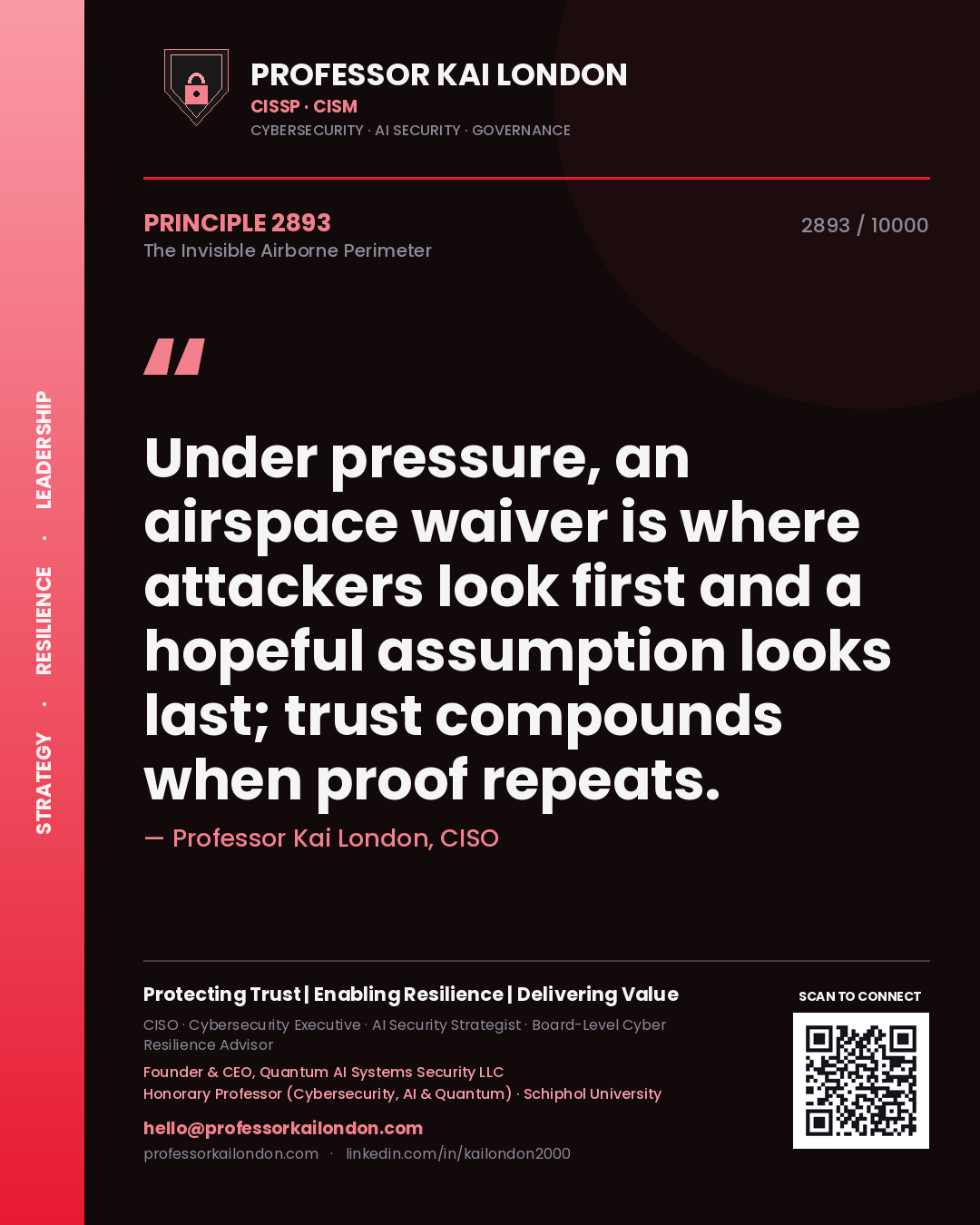 Professor Kai London principle 2893: Under pressure, an airspace waiver is where attackers look first and a hopeful assumption looks last; trust compounds when proof repeats.