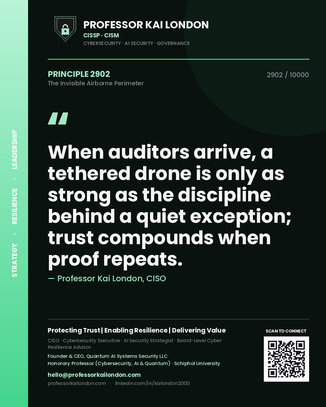 Quote card by Professor Kai London reading 'When auditors arrive, a tethered drone is only as strong as the discipline behind a quiet exception; trust compounds when proof repeats.'. From the book The Invisible Airborne Perimeter.