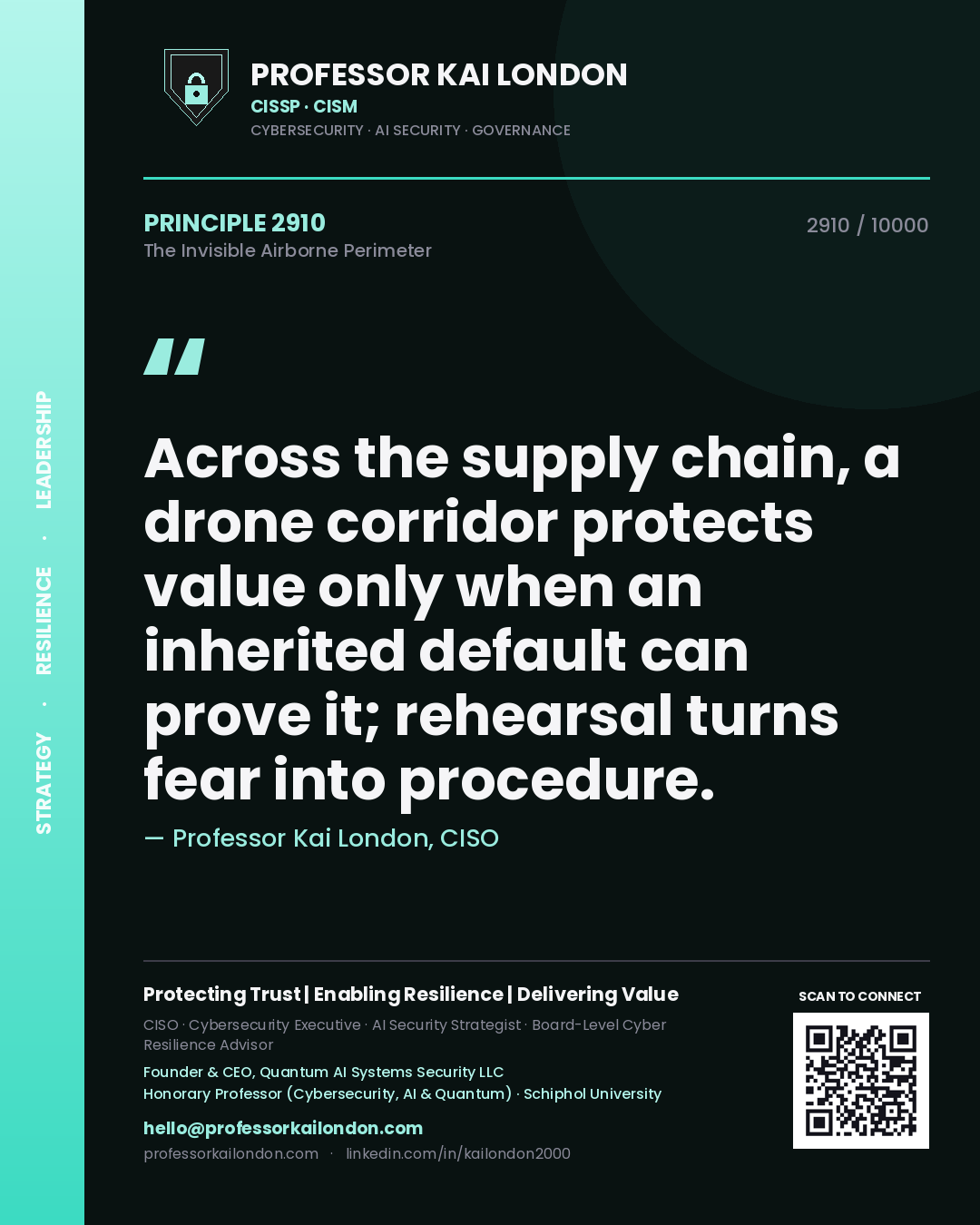 Professor Kai London principle 2910: Across the supply chain, a drone corridor protects value only when an inherited default can prove it; rehearsal turns fear into procedure.