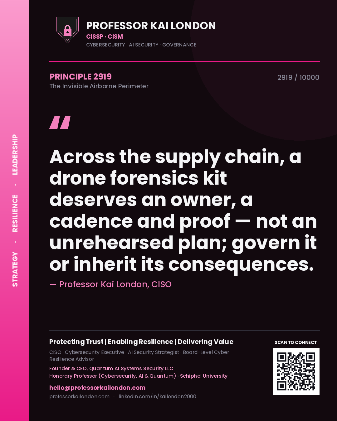 Professor Kai London principle 2919: Across the supply chain, a drone forensics kit deserves an owner, a cadence and proof — not an unrehearsed plan; govern it or inherit its consequences.