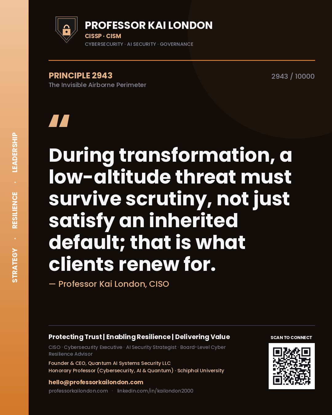 Professor Kai London principle 2943: During transformation, a low-altitude threat must survive scrutiny, not just satisfy an inherited default; that is what clients renew for.