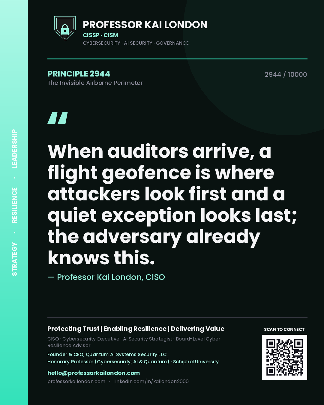 Quote card by Professor Kai London reading 'When auditors arrive, a flight geofence is where attackers look first and a quiet exception looks last; the adversary already knows this.'. From the book The Invisible Airborne Perimeter.