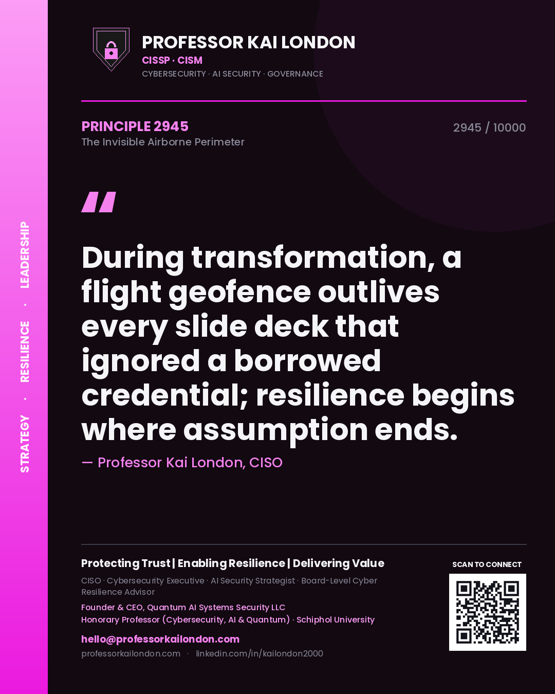 Quote card by Professor Kai London reading 'During transformation, a flight geofence outlives every slide deck that ignored a borrowed credential; resilience begins where assumption ends.'. From the book The Invisible Airborne Perimeter.