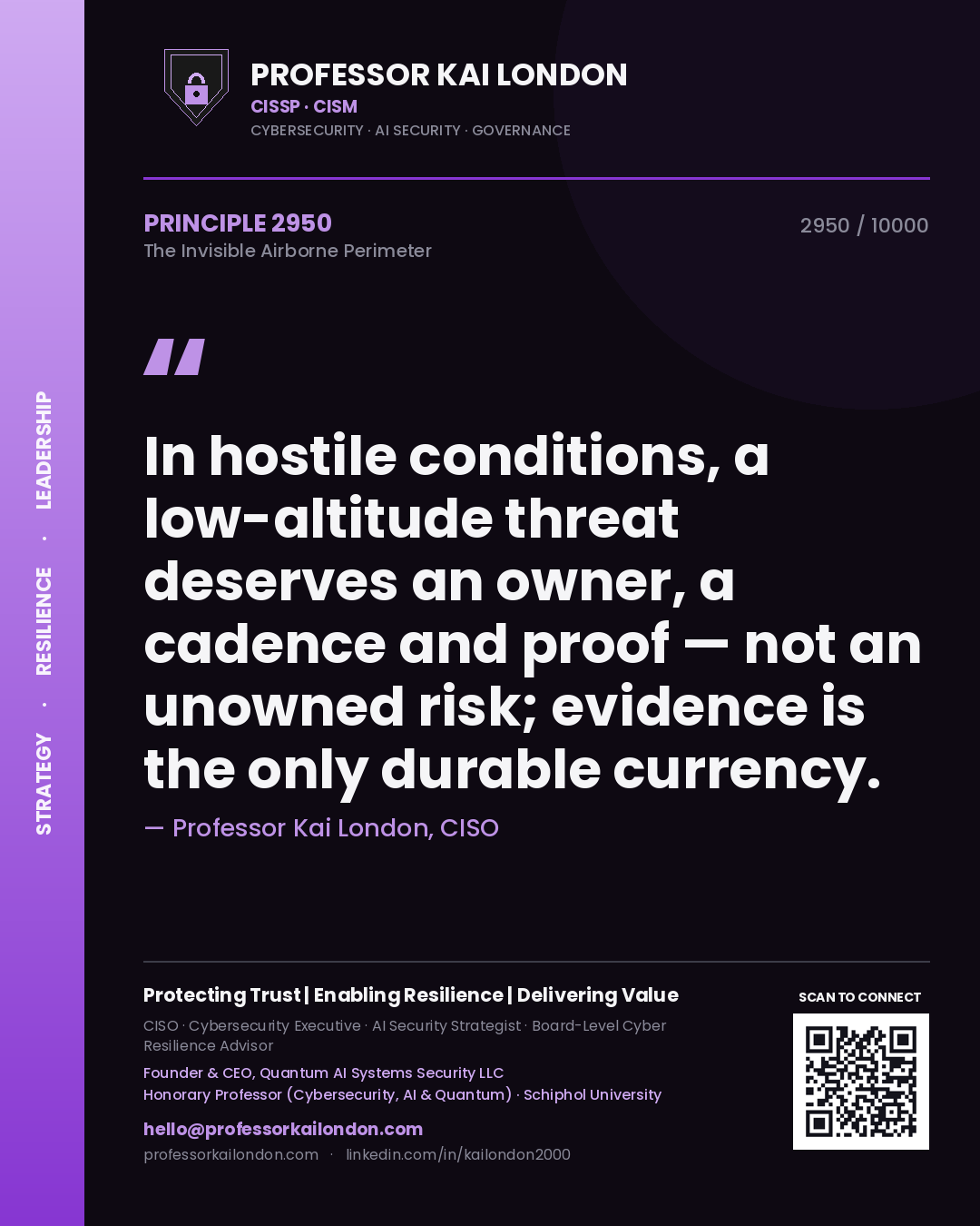 Quote card by Professor Kai London reading 'In hostile conditions, a low-altitude threat deserves an owner, a cadence and proof — not an unowned risk; evidence is the only durable currency.'. From the book The Invisible Airborne Perimeter.
