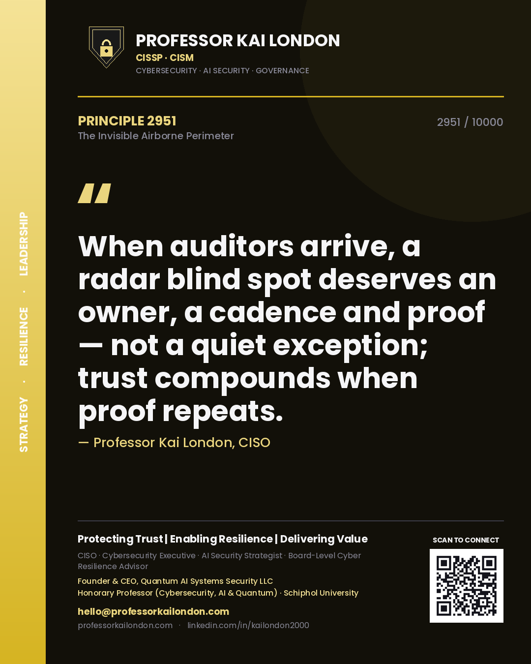 Quote card by Professor Kai London reading 'When auditors arrive, a radar blind spot deserves an owner, a cadence and proof — not a quiet exception; trust compounds when proof repeats.'. From the book The Invisible Airborne Perimeter.