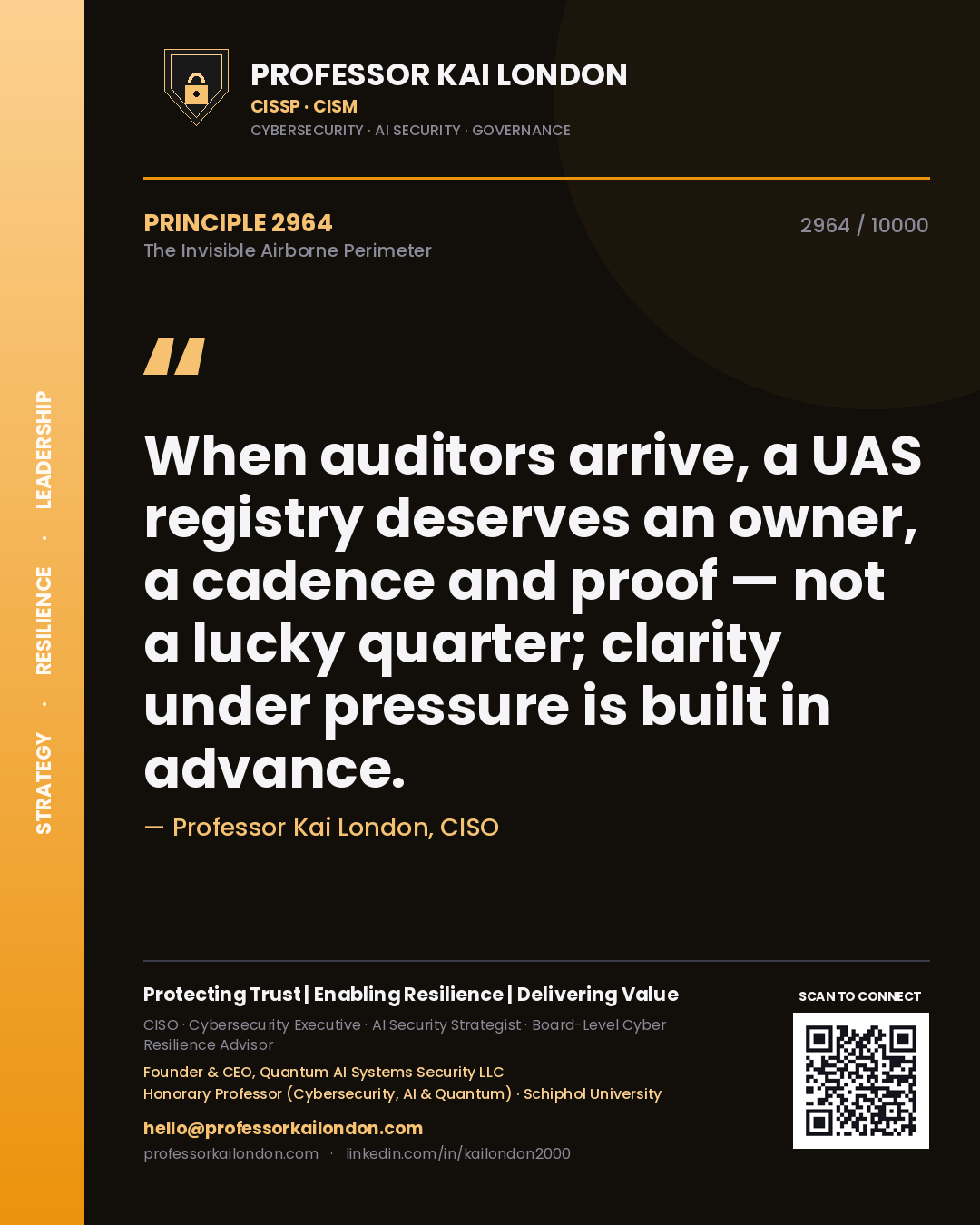 Professor Kai London principle 2964: When auditors arrive, a UAS registry deserves an owner, a cadence and proof — not a lucky quarter; clarity under pressure is built in advance.