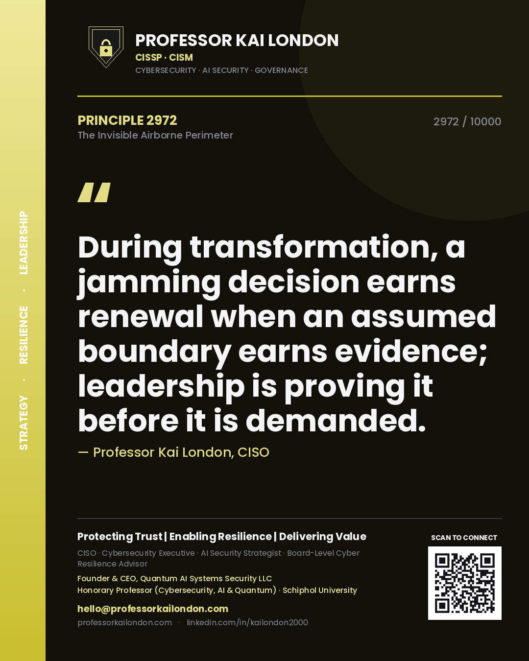Quote card by Professor Kai London reading 'During transformation, a jamming decision earns renewal when an assumed boundary earns evidence; leadership is proving it before it is demanded.'. From the book The Invisible Airborne Perimeter.