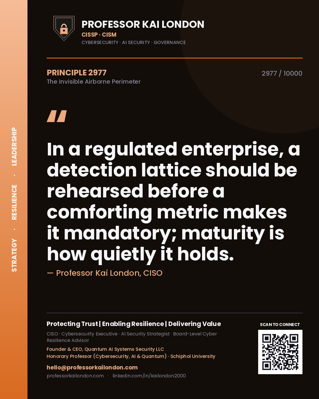 Quote card by Professor Kai London reading 'In a regulated enterprise, a detection lattice should be rehearsed before a comforting metric makes it mandatory; maturity is how quietly it holds.'. From the book The Invisible Airborne Perimeter.