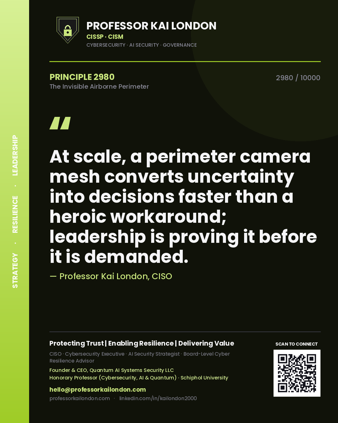 Professor Kai London principle 2980: At scale, a perimeter camera mesh converts uncertainty into decisions faster than a heroic workaround; leadership is proving it before it is demanded.