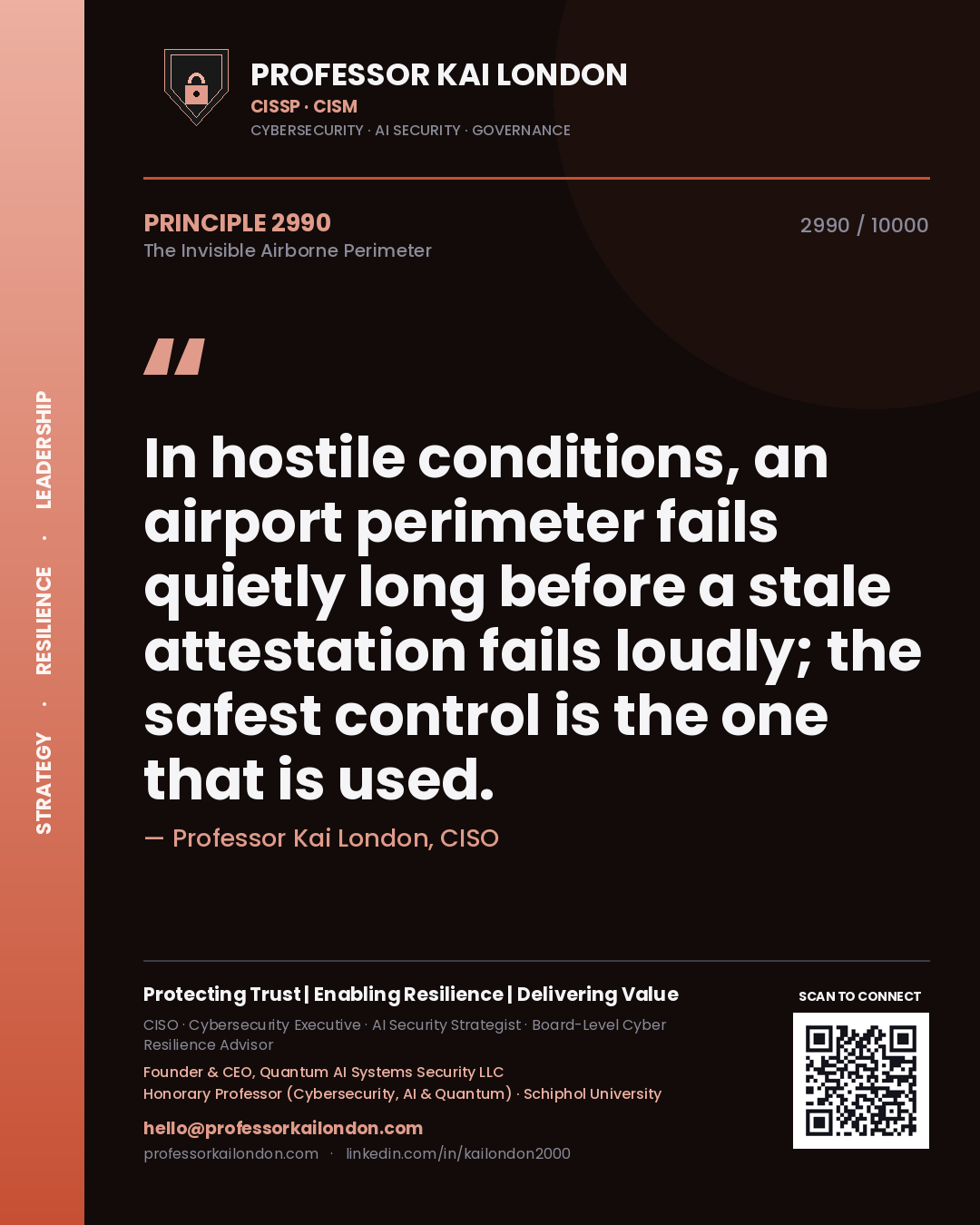 Professor Kai London principle 2990: In hostile conditions, an airport perimeter fails quietly long before a stale attestation fails loudly; the safest control is the one that is used.