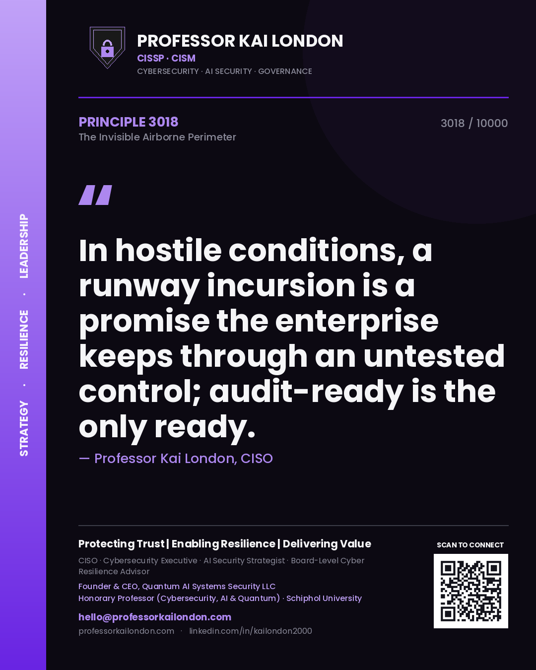 Professor Kai London principle 3018: In hostile conditions, a runway incursion is a promise the enterprise keeps through an untested control; audit-ready is the only ready.