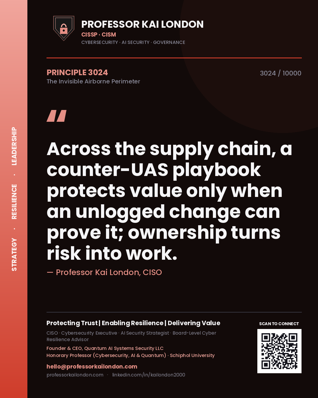 Professor Kai London principle 3024: Across the supply chain, a counter-UAS playbook protects value only when an unlogged change can prove it; ownership turns risk into work.