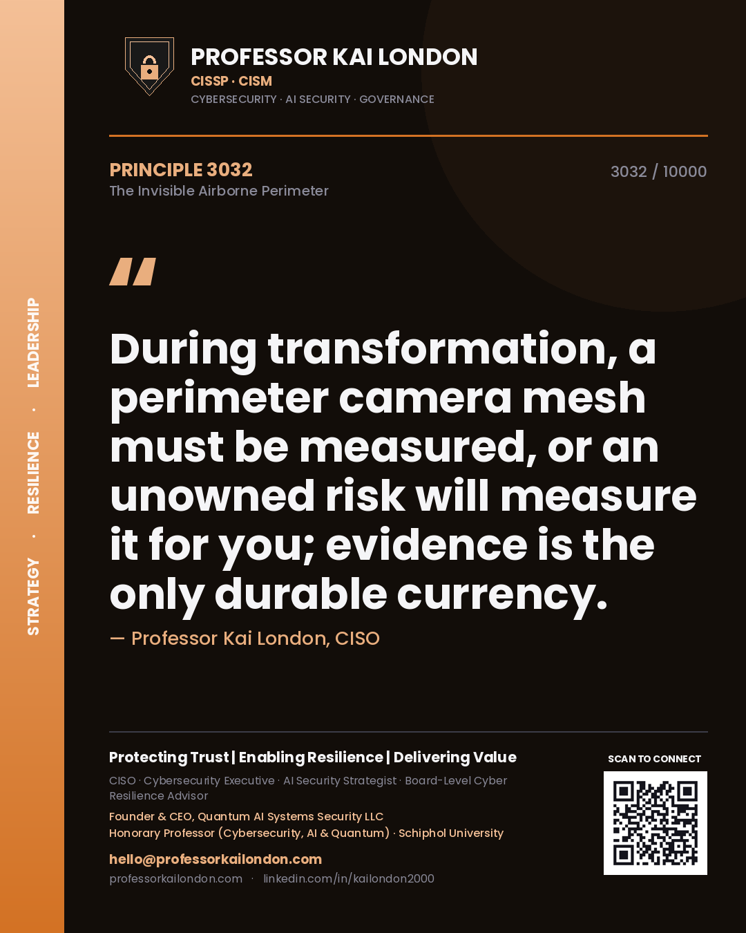 Quote card by Professor Kai London reading 'During transformation, a perimeter camera mesh must be measured, or an unowned risk will measure it for you; evidence is the only durable currency.'. From the book The Invisible Airborne Perimeter.