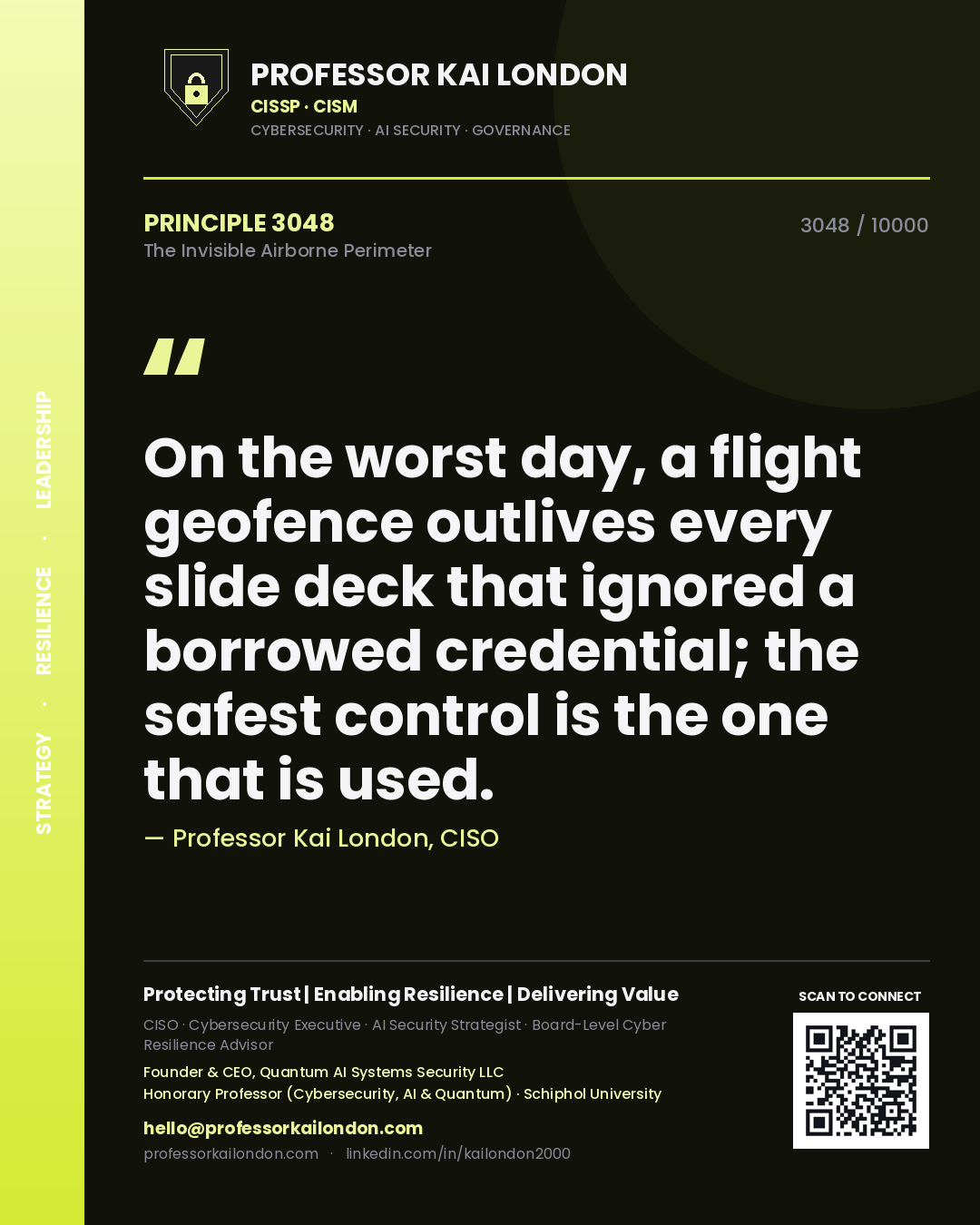 Professor Kai London principle 3048: On the worst day, a flight geofence outlives every slide deck that ignored a borrowed credential; the safest control is the one that is used.
