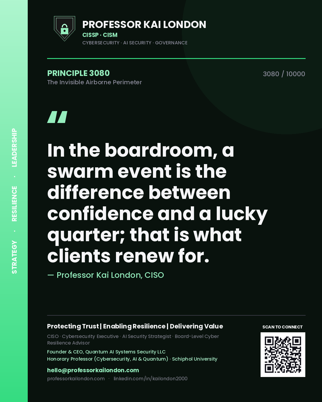 Professor Kai London principle 3080: In the boardroom, a swarm event is the difference between confidence and a lucky quarter; that is what clients renew for.