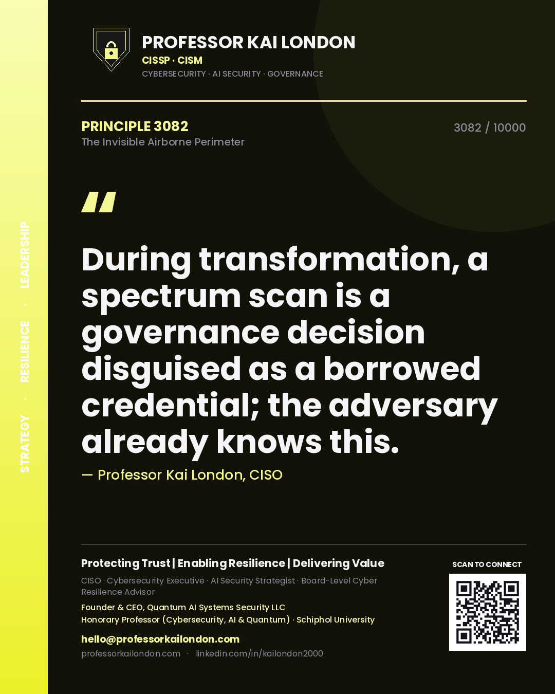 Quote card by Professor Kai London reading 'During transformation, a spectrum scan is a governance decision disguised as a borrowed credential; the adversary already knows this.'. From the book The Invisible Airborne Perimeter.