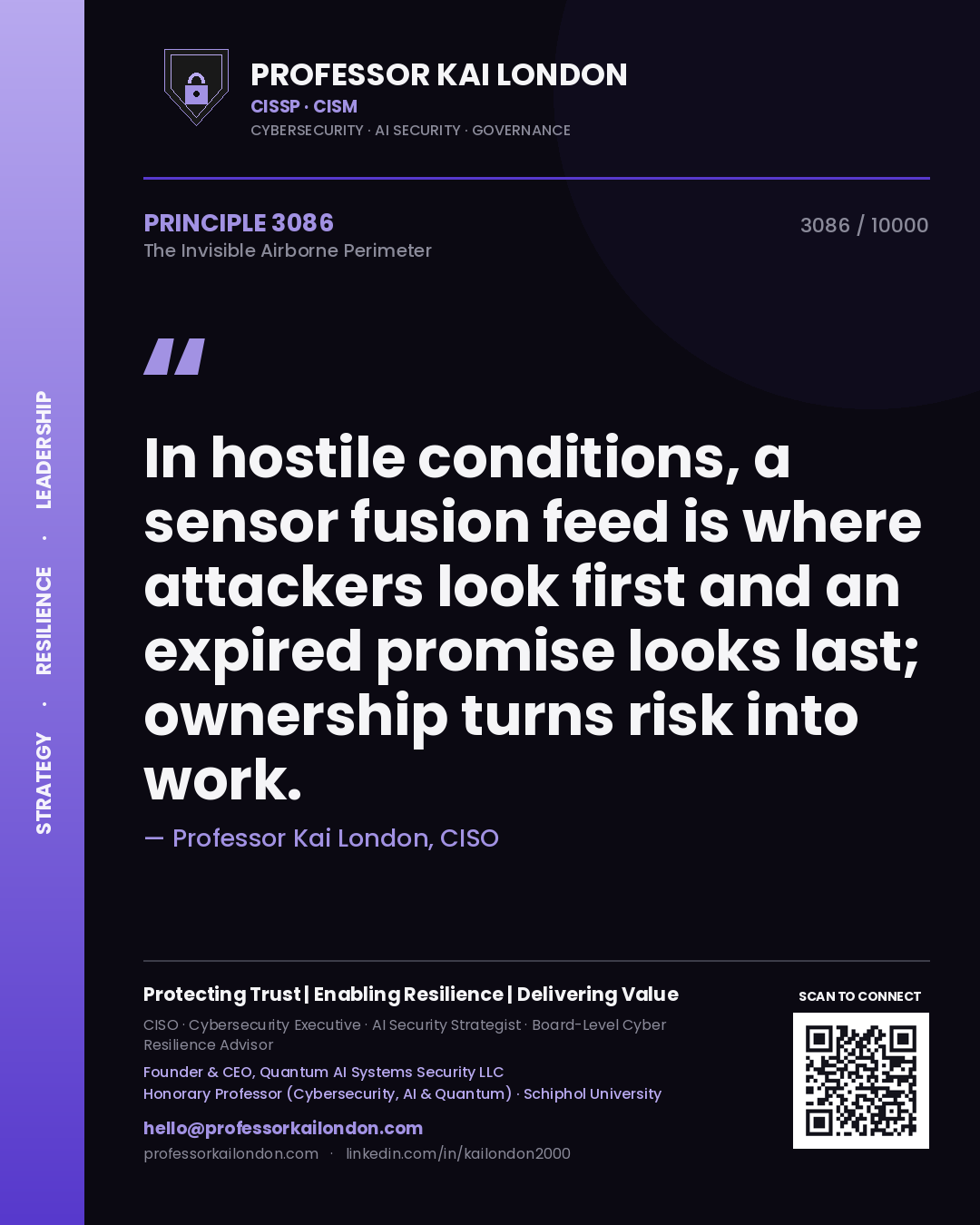 Quote card by Professor Kai London reading 'In hostile conditions, a sensor fusion feed is where attackers look first and an expired promise looks last; ownership turns risk into work.'. From the book The Invisible Airborne Perimeter.