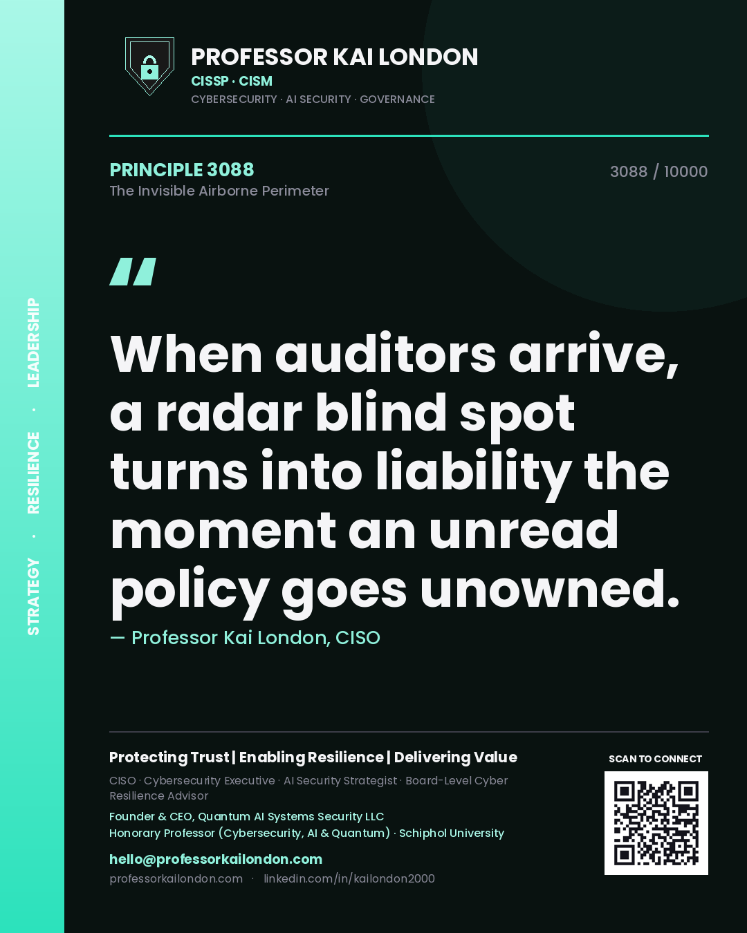 Professor Kai London principle 3088: When auditors arrive, a radar blind spot turns into liability the moment an unread policy goes unowned.