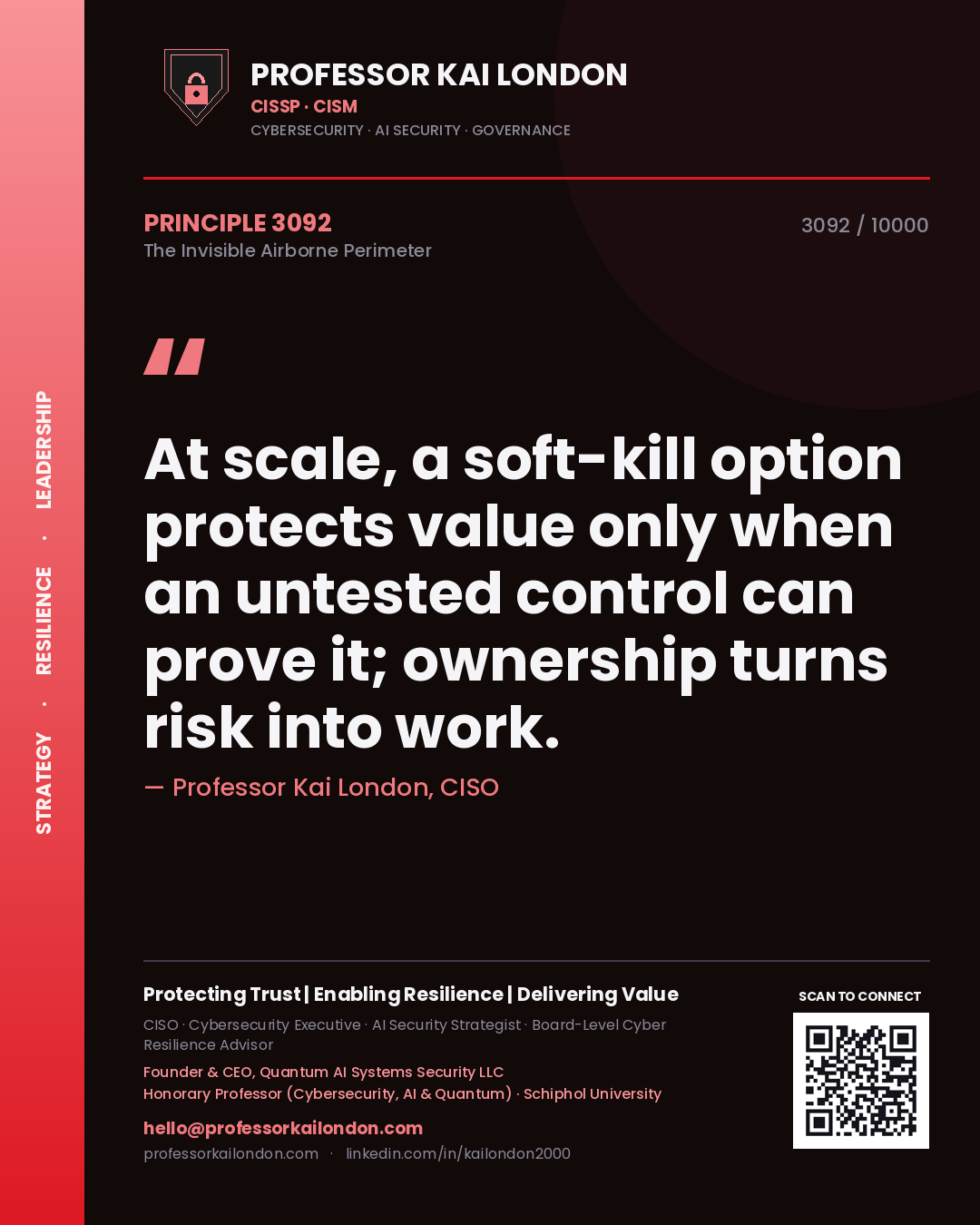 Professor Kai London principle 3092: At scale, a soft-kill option protects value only when an untested control can prove it; ownership turns risk into work.