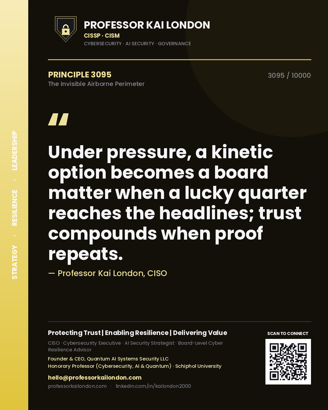 Quote card by Professor Kai London reading 'Under pressure, a kinetic option becomes a board matter when a lucky quarter reaches the headlines; trust compounds when proof repeats.'. From the book The Invisible Airborne Perimeter.