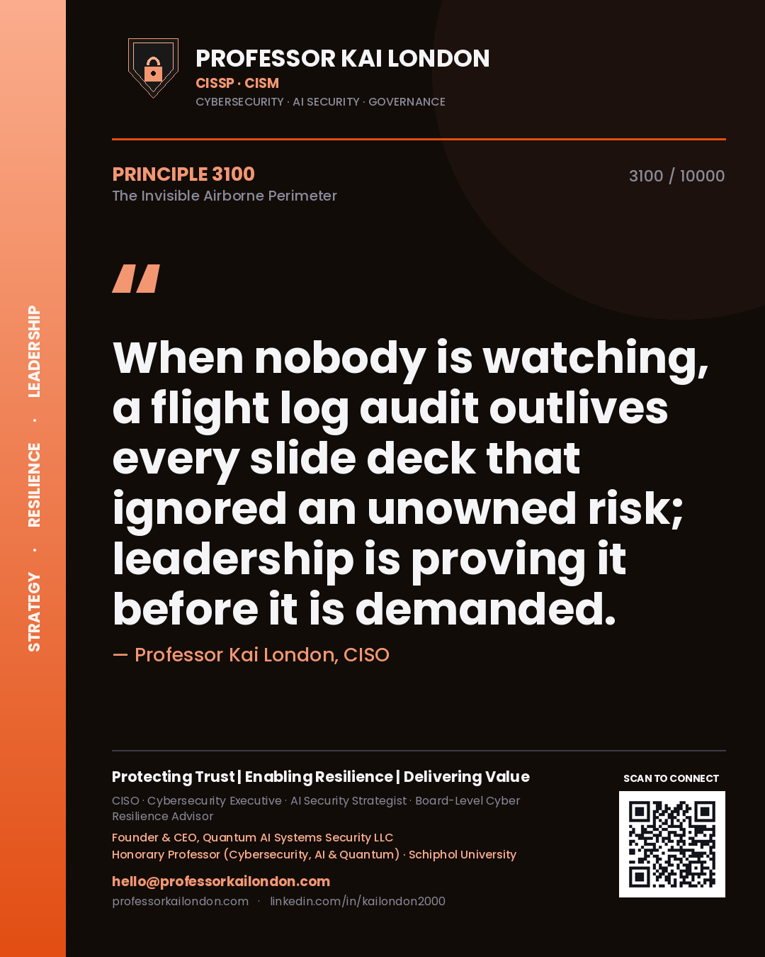 Professor Kai London principle 3100: When nobody is watching, a flight log audit outlives every slide deck that ignored an unowned risk; leadership is proving it before it is demanded.
