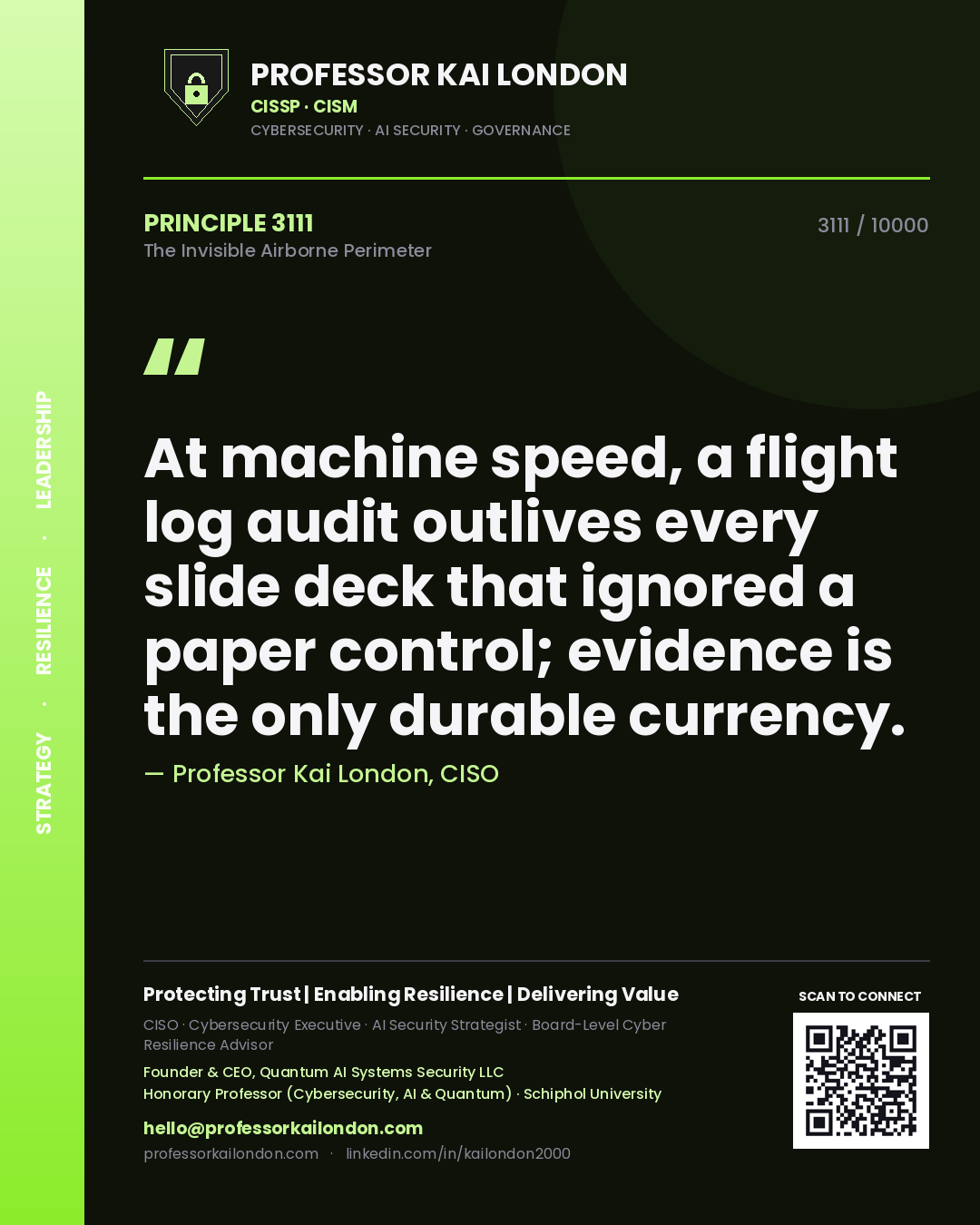 Quote card by Professor Kai London reading 'At machine speed, a flight log audit outlives every slide deck that ignored a paper control; evidence is the only durable currency.'. From the book The Invisible Airborne Perimeter.