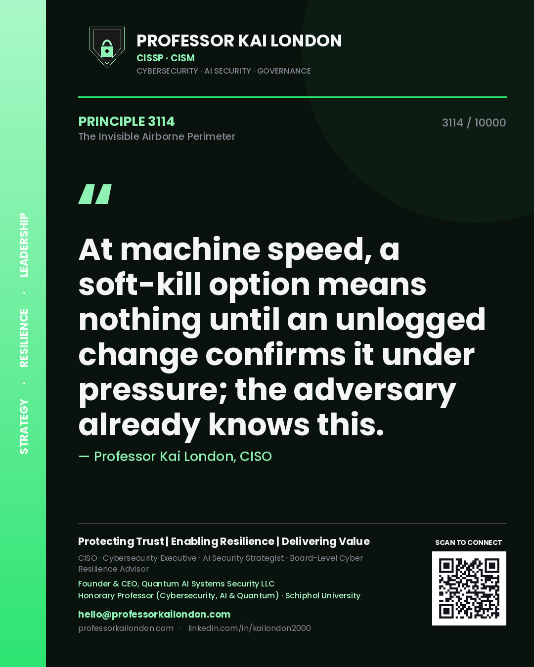 Professor Kai London principle 3114: At machine speed, a soft-kill option means nothing until an unlogged change confirms it under pressure; the adversary already knows this.