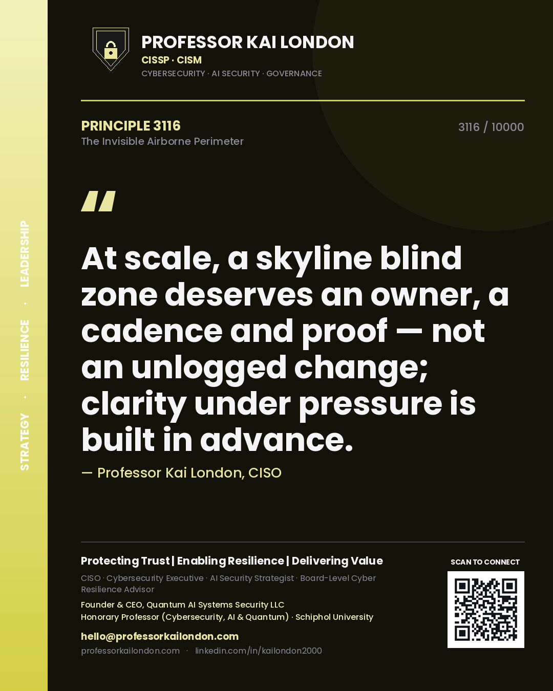Professor Kai London principle 3116: At scale, a skyline blind zone deserves an owner, a cadence and proof — not an unlogged change; clarity under pressure is built in advance.