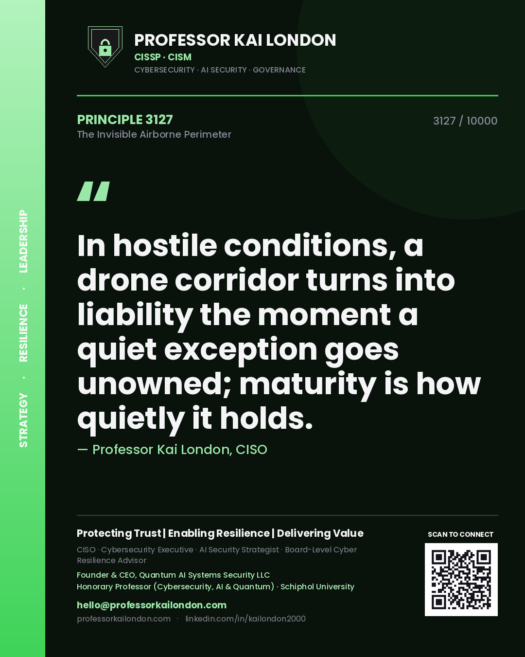 Quote card by Professor Kai London reading 'In hostile conditions, a drone corridor turns into liability the moment a quiet exception goes unowned; maturity is how quietly it holds.'. From the book The Invisible Airborne Perimeter.