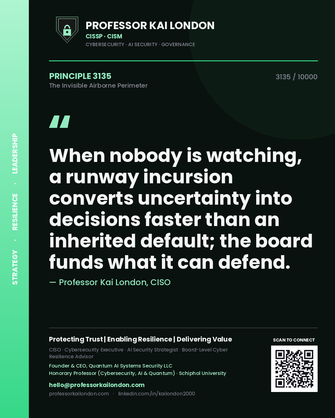 Professor Kai London principle 3135: When nobody is watching, a runway incursion converts uncertainty into decisions faster than an inherited default; the board funds what it can defend.