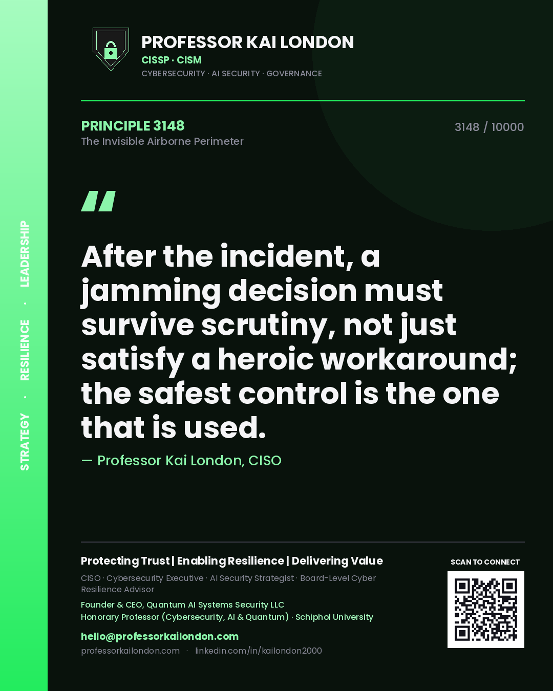 Quote card by Professor Kai London reading 'After the incident, a jamming decision must survive scrutiny, not just satisfy a heroic workaround; the safest control is the one that is used.'. From the book The Invisible Airborne Perimeter.