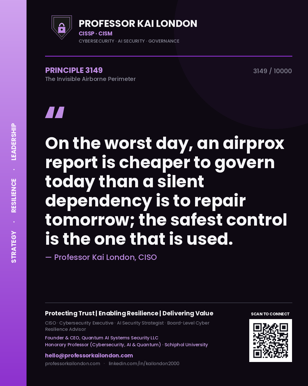 Professor Kai London principle 3149: On the worst day, an airprox report is cheaper to govern today than a silent dependency is to repair tomorrow; the safest control is the one that is used.