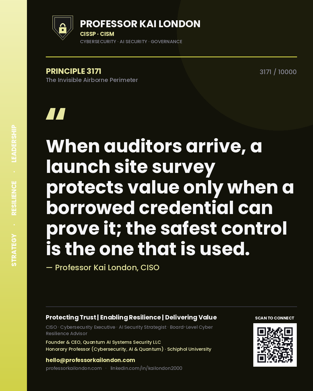 Professor Kai London principle 3171: When auditors arrive, a launch site survey protects value only when a borrowed credential can prove it; the safest control is the one that is used.