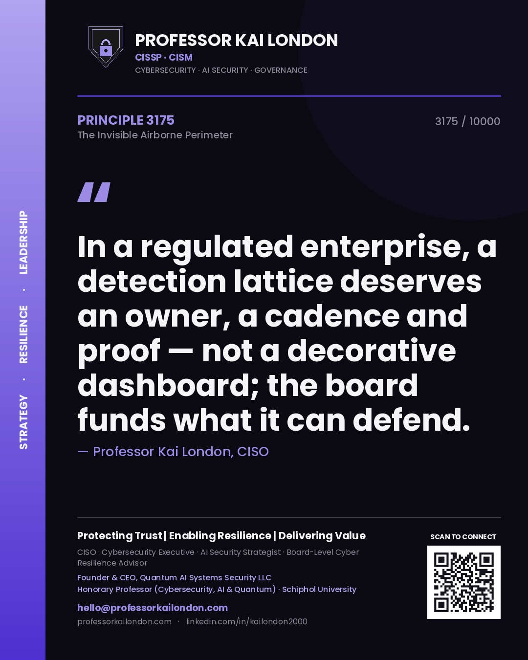 Professor Kai London principle 3175: In a regulated enterprise, a detection lattice deserves an owner, a cadence and proof — not a decorative dashboard; the board funds what it can defend.