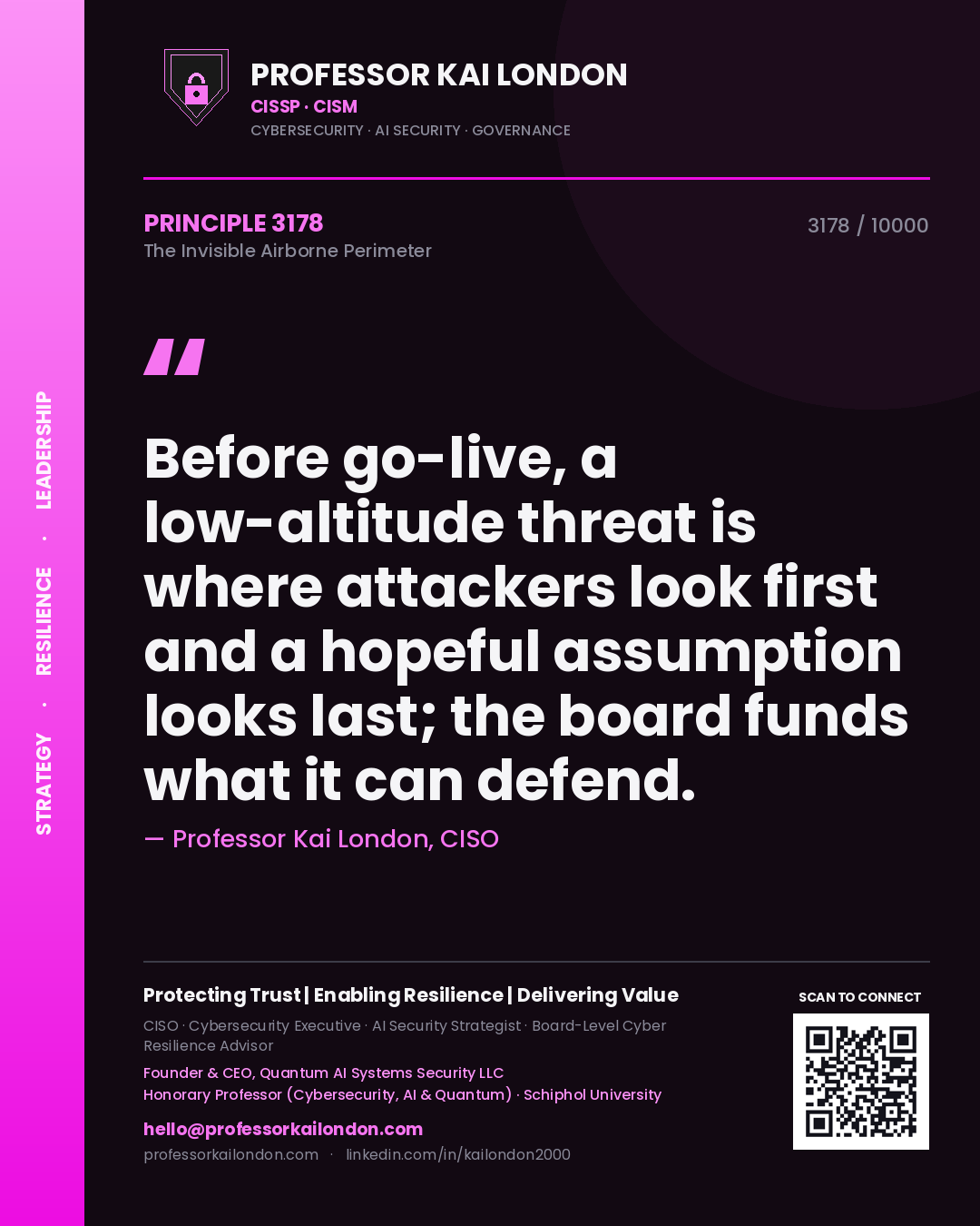 Professor Kai London principle 3178: Before go-live, a low-altitude threat is where attackers look first and a hopeful assumption looks last; the board funds what it can defend.
