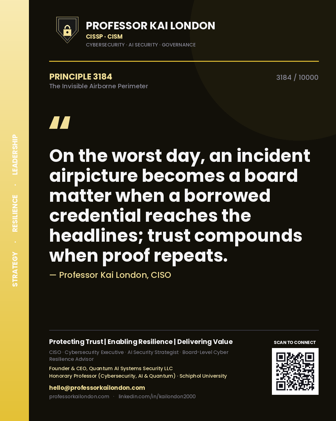 Professor Kai London principle 3184: On the worst day, an incident airpicture becomes a board matter when a borrowed credential reaches the headlines; trust compounds when proof repeats.