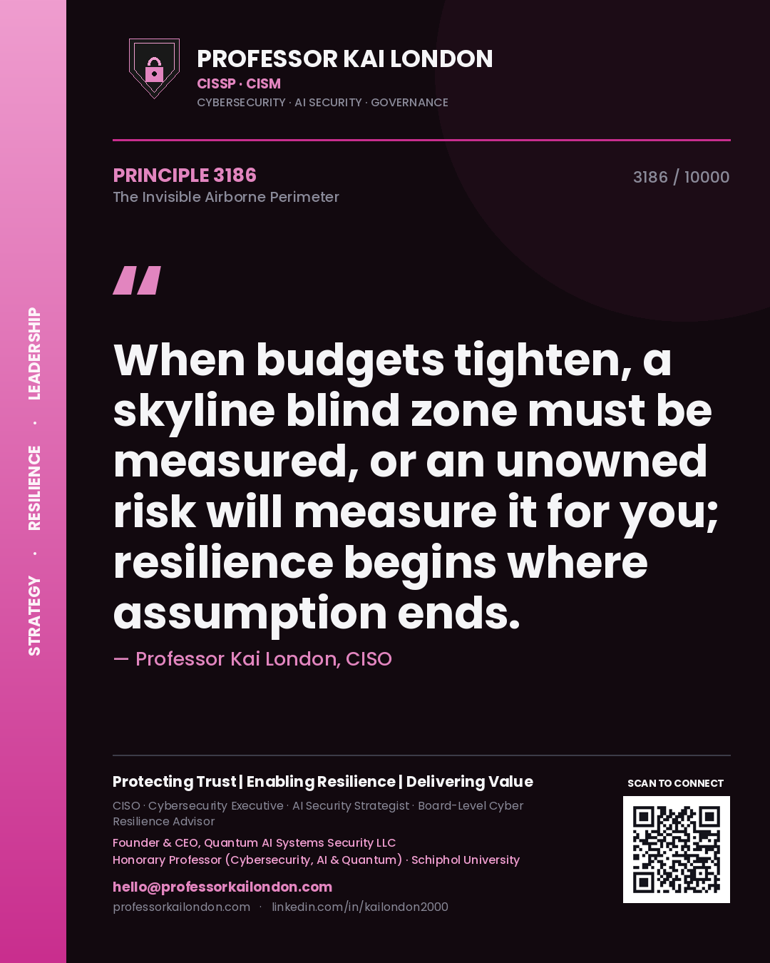 Professor Kai London principle 3186: When budgets tighten, a skyline blind zone must be measured, or an unowned risk will measure it for you; resilience begins where assumption ends.