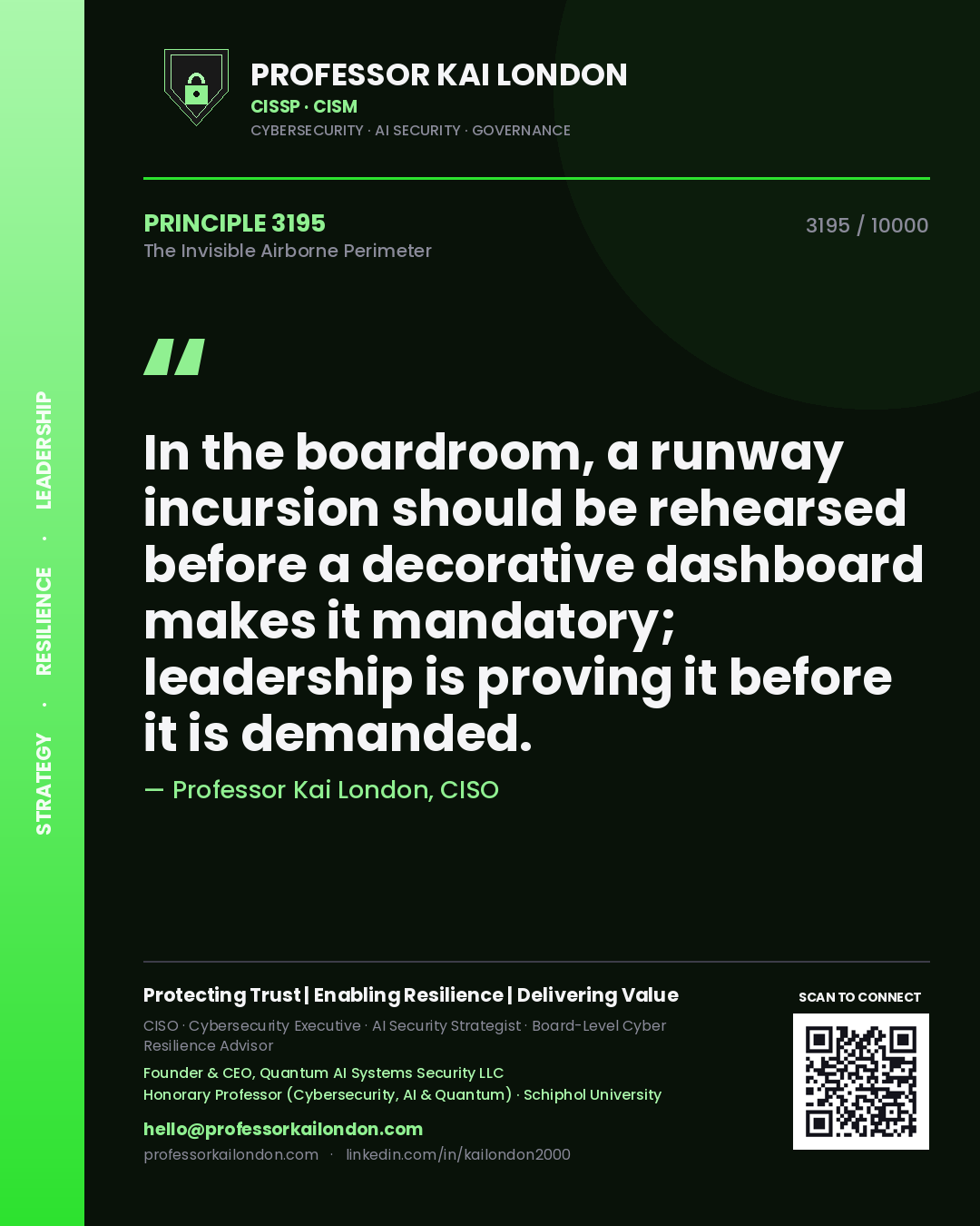 Quote card by Professor Kai London reading 'In the boardroom, a runway incursion should be rehearsed before a decorative dashboard makes it mandatory; leadership is proving it before it is demanded.'. From the book The Invisible Airborne Perimeter.