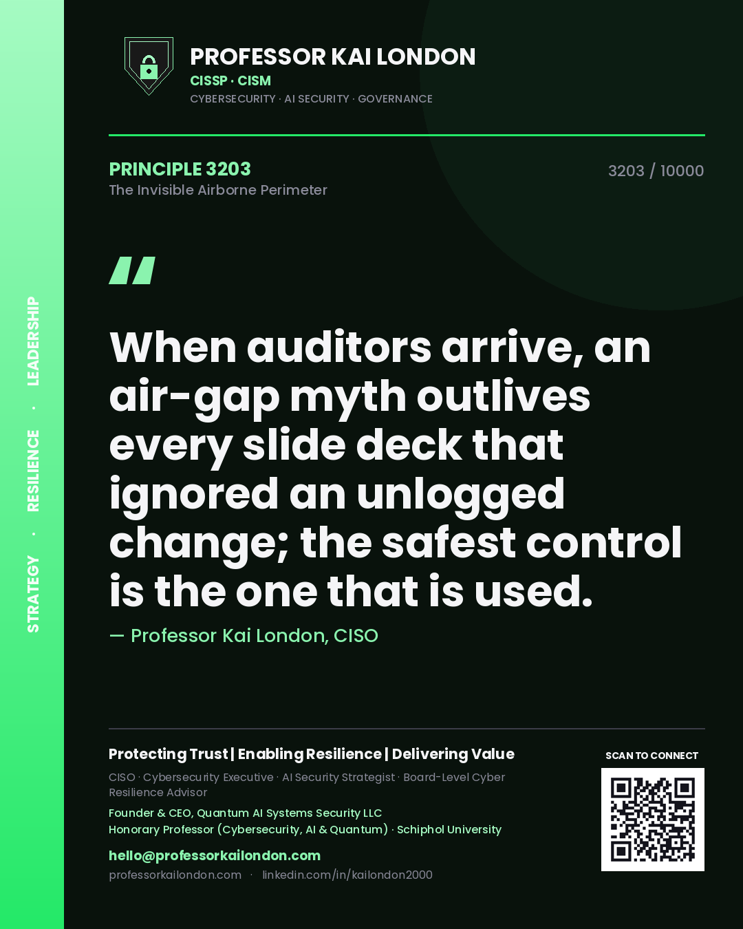 Quote card by Professor Kai London reading 'When auditors arrive, an air-gap myth outlives every slide deck that ignored an unlogged change; the safest control is the one that is used.'. From the book The Invisible Airborne Perimeter.