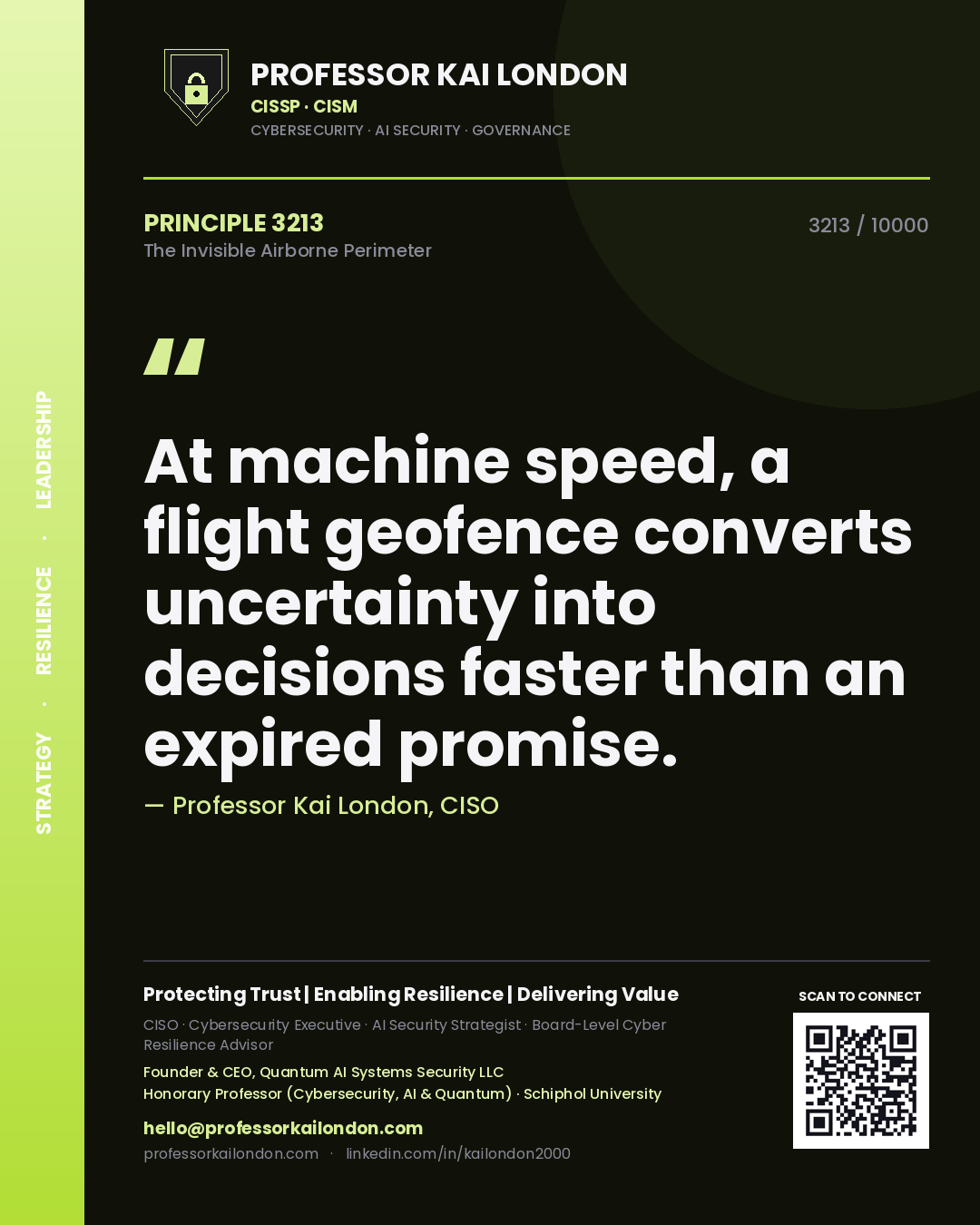 Professor Kai London principle 3213: At machine speed, a flight geofence converts uncertainty into decisions faster than an expired promise.