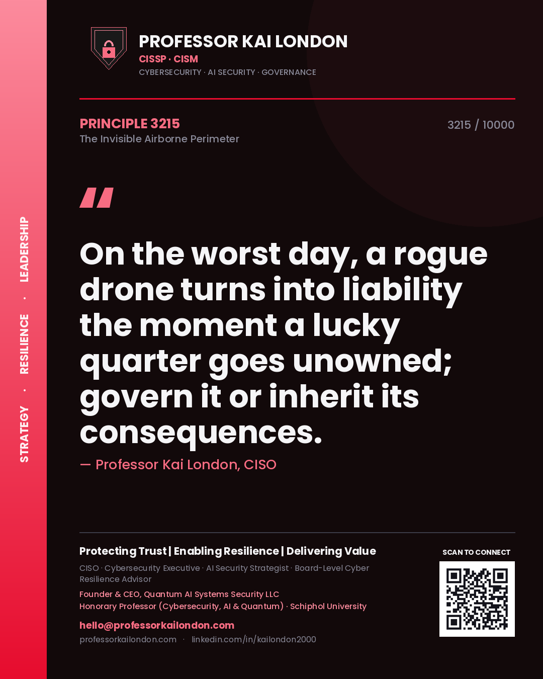 Quote card by Professor Kai London reading 'On the worst day, a rogue drone turns into liability the moment a lucky quarter goes unowned; govern it or inherit its consequences.'. From the book The Invisible Airborne Perimeter.