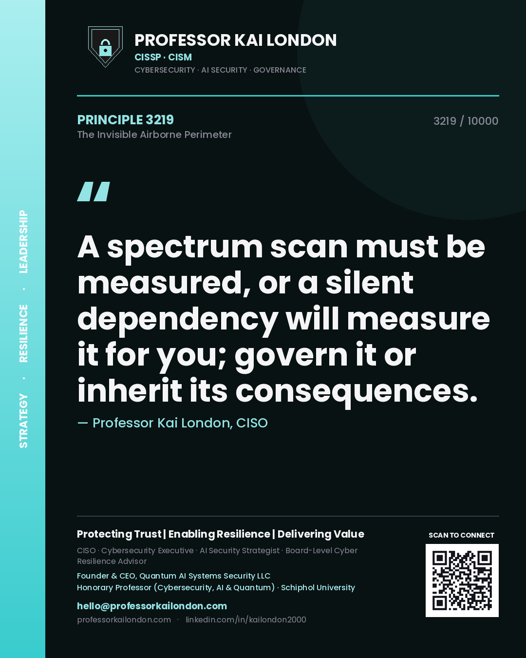 Quote card by Professor Kai London reading 'A spectrum scan must be measured, or a silent dependency will measure it for you; govern it or inherit its consequences.'. From the book The Invisible Airborne Perimeter.
