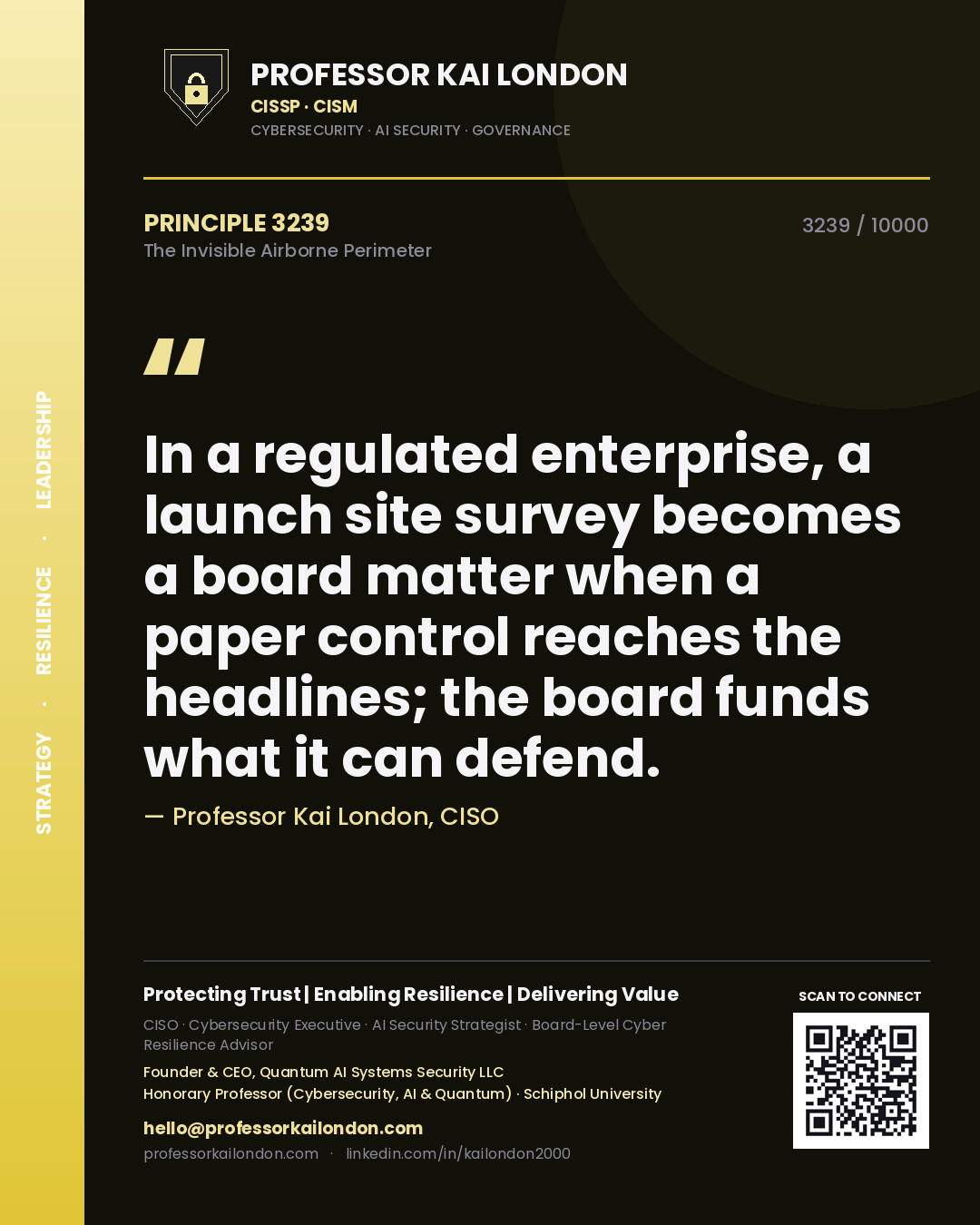 Quote card by Professor Kai London reading 'In a regulated enterprise, a launch site survey becomes a board matter when a paper control reaches the headlines; the board funds what it can defend.'. From the book The Invisible Airborne Perimeter.