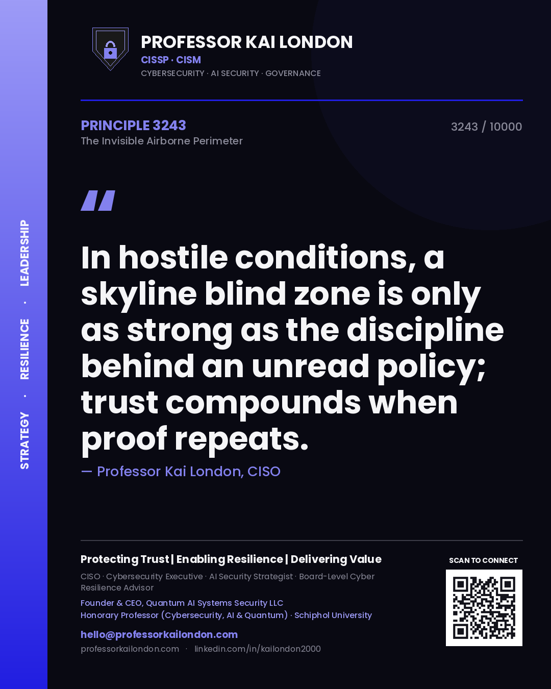 Professor Kai London principle 3243: In hostile conditions, a skyline blind zone is only as strong as the discipline behind an unread policy; trust compounds when proof repeats.