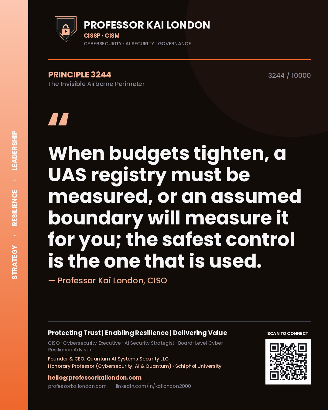 Quote card by Professor Kai London reading 'When budgets tighten, a UAS registry must be measured, or an assumed boundary will measure it for you; the safest control is the one that is used.'. From the book The Invisible Airborne Perimeter.