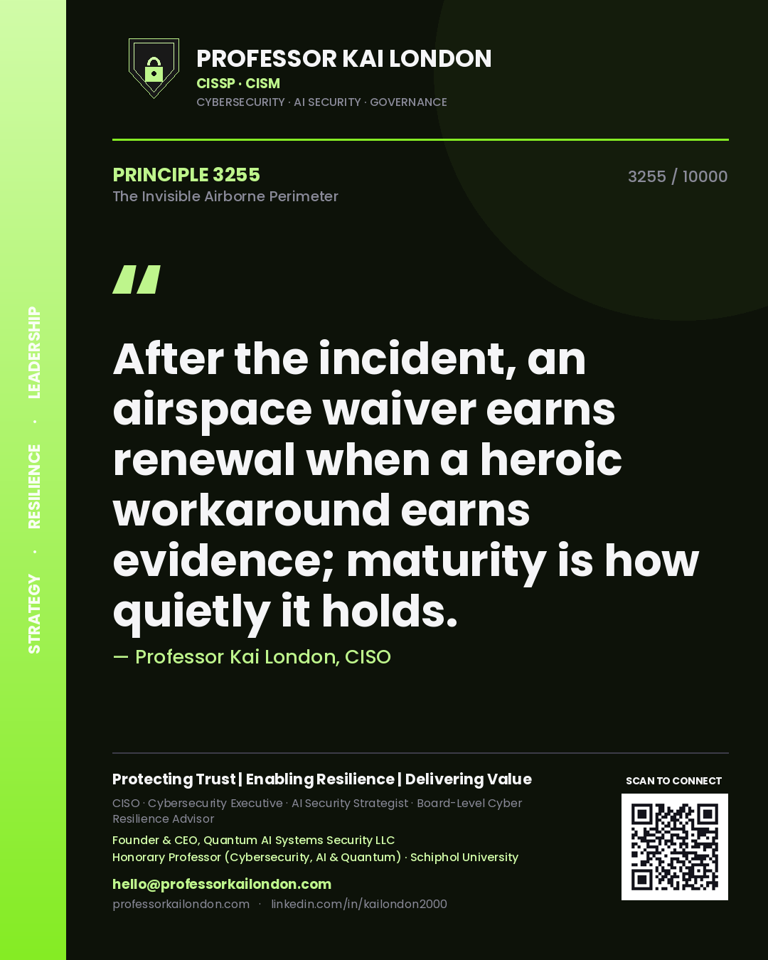 Quote card by Professor Kai London reading 'After the incident, an airspace waiver earns renewal when a heroic workaround earns evidence; maturity is how quietly it holds.'. From the book The Invisible Airborne Perimeter.
