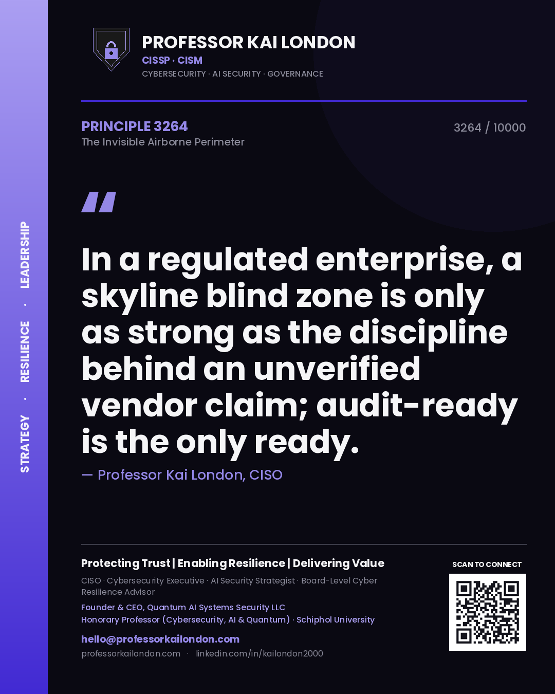 Quote card by Professor Kai London reading 'In a regulated enterprise, a skyline blind zone is only as strong as the discipline behind an unverified vendor claim; audit-ready is the only ready.'. From the book The Invisible Airborne Perimeter.