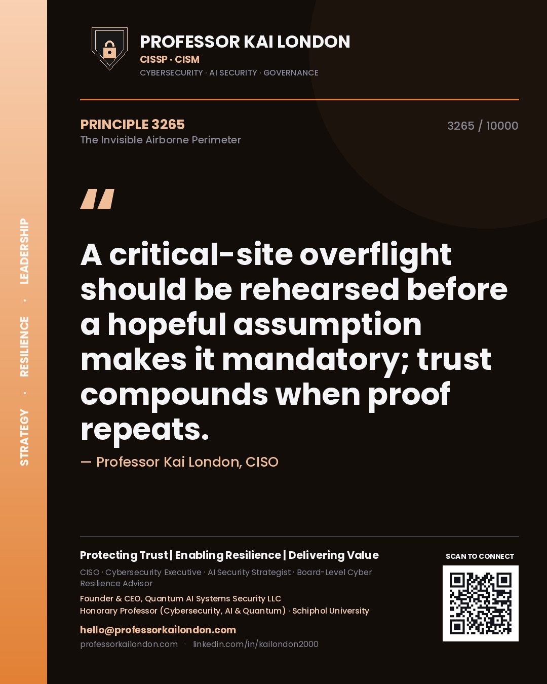 Quote card by Professor Kai London reading 'A critical-site overflight should be rehearsed before a hopeful assumption makes it mandatory; trust compounds when proof repeats.'. From the book The Invisible Airborne Perimeter.